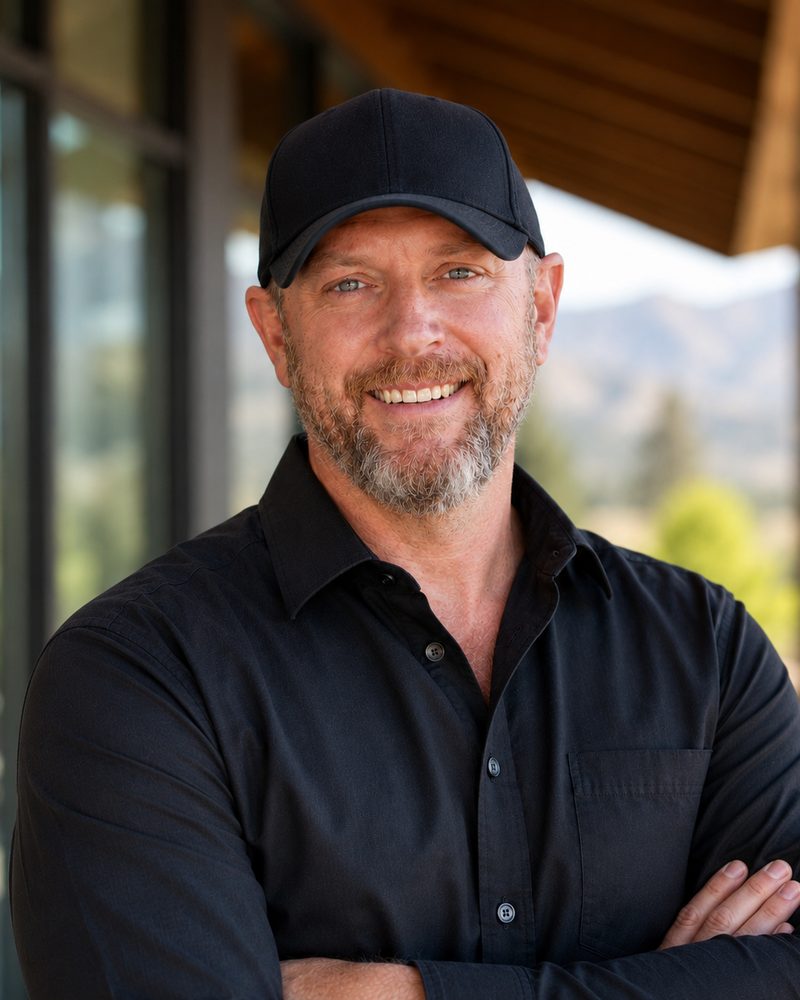 Portrait of the architect and builder behind RAL Architects, on the covered deck of a mountain home