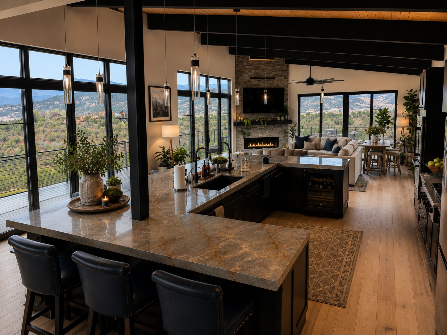 Eagle Ranch Residence — kitchen, island and living area